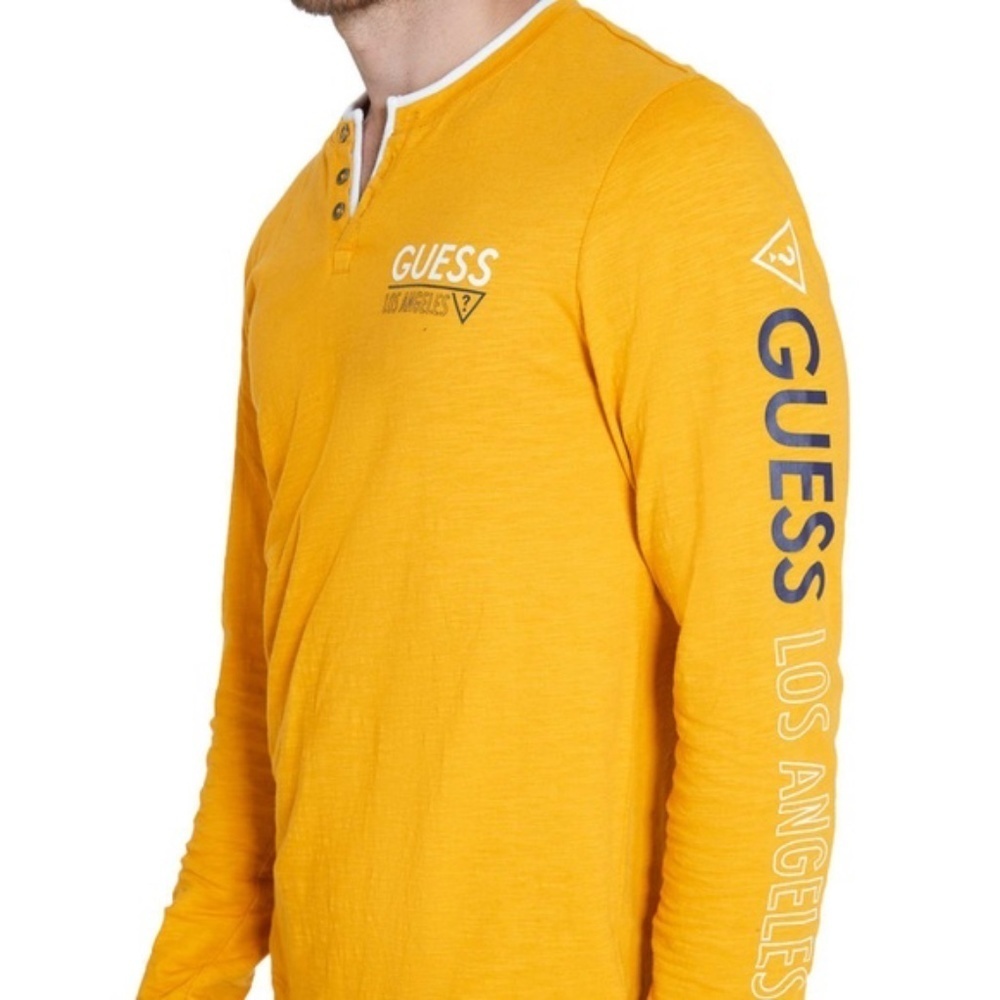 New GUESS Logo Slit Long-Sleeve Henley Men's Shirt SZ L